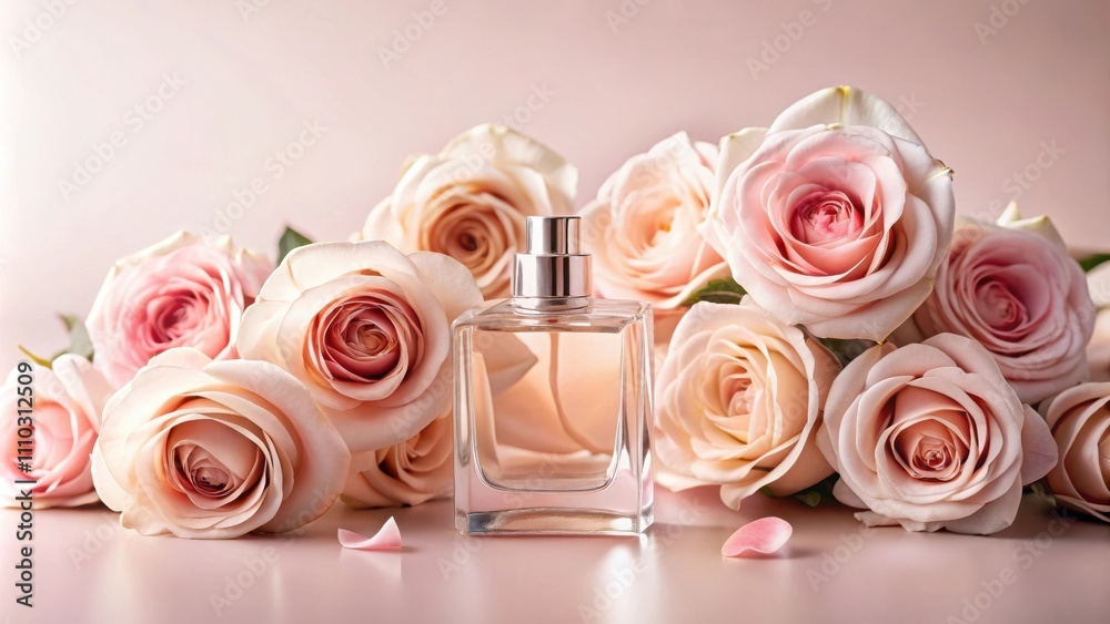 A delicate glass bottle of perfume rests on a soft pink surface, surrounded by a bouquet of blush-colored roses, their petals unfurling in a symphony of feminine charm. A delicate glass bottle of perfume rests on a soft pink surface, surrounded by a bouquet of blush-colored roses, their petals unfurling in a symphony of feminine charm.