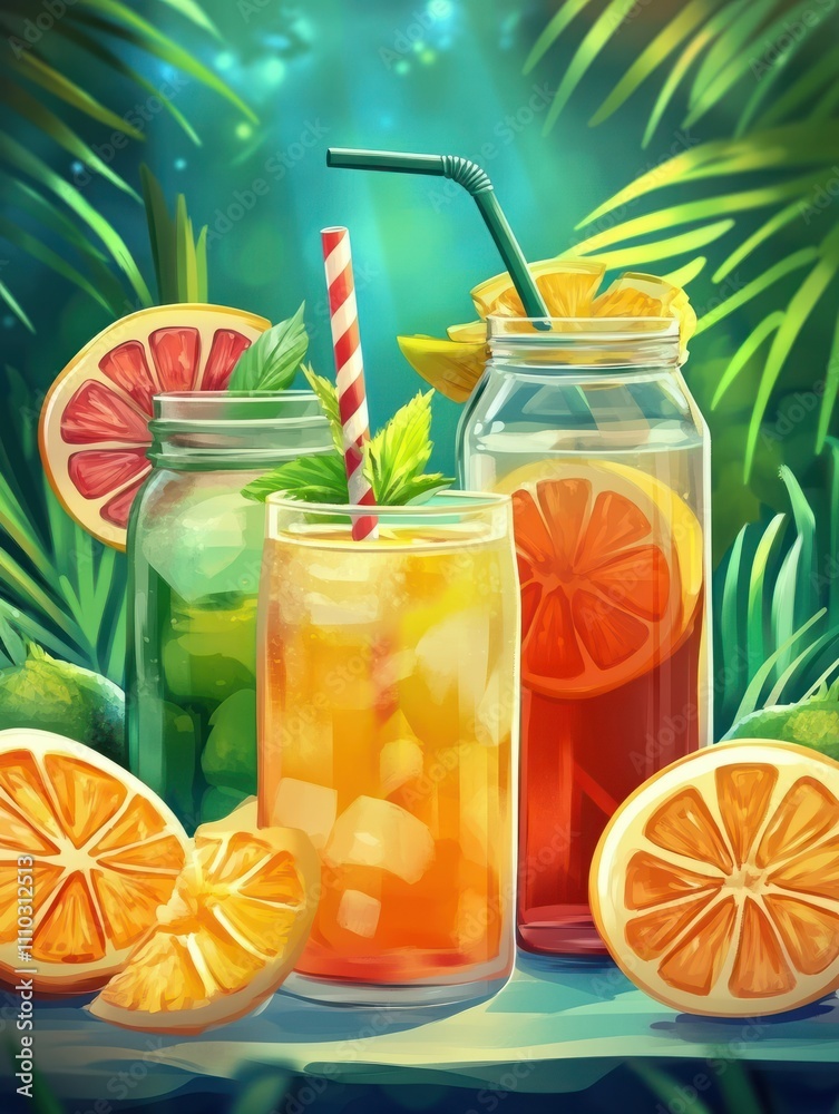 Fototapeta premium Summer fresh drinks. Tropical flavor juice, ice tea and citrus lemonade in bottle glasses or jar. Alcoholic fruit beach beverages, neoteric vector cartoon signs