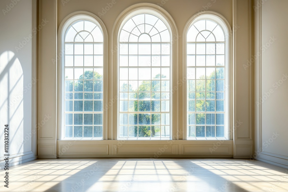 Fototapeta premium Sunlight streams through arched windows, illuminating room.