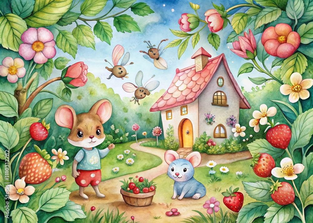 Fototapeta premium Enchanting Cartoon Forest Scene with Cute Houses, Strawberry Bushes, Flowers, and Mice Gathering Strawberries - Ideal for Kids' Room Decor and Fabrics