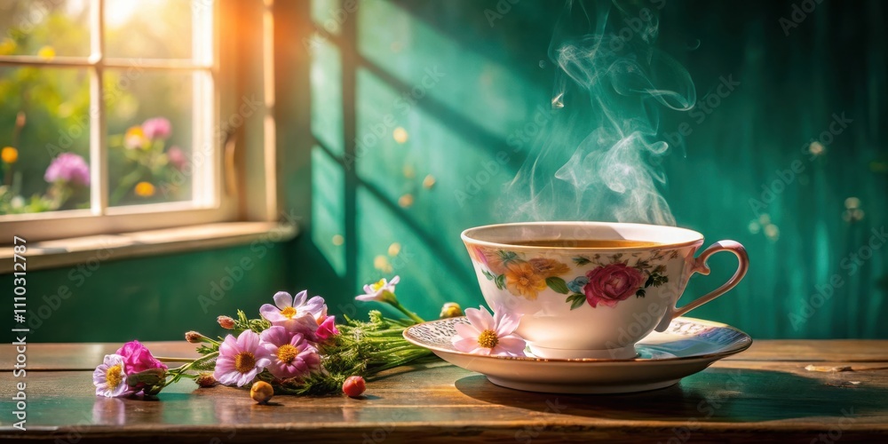 A steaming cup of tea sits on a wooden table, surrounded by pink and white flowers, bathed in the warm glow of sunlight streaming through a window. A steaming cup of tea sits on a wooden table, surrounded by pink and white flowers, bathed in the warm glow of sunlight streaming through a window.
