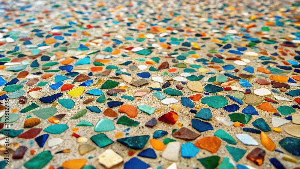 Obraz premium A close up view of a colorful mosaic made of small glass and stone fragments in a concrete surface