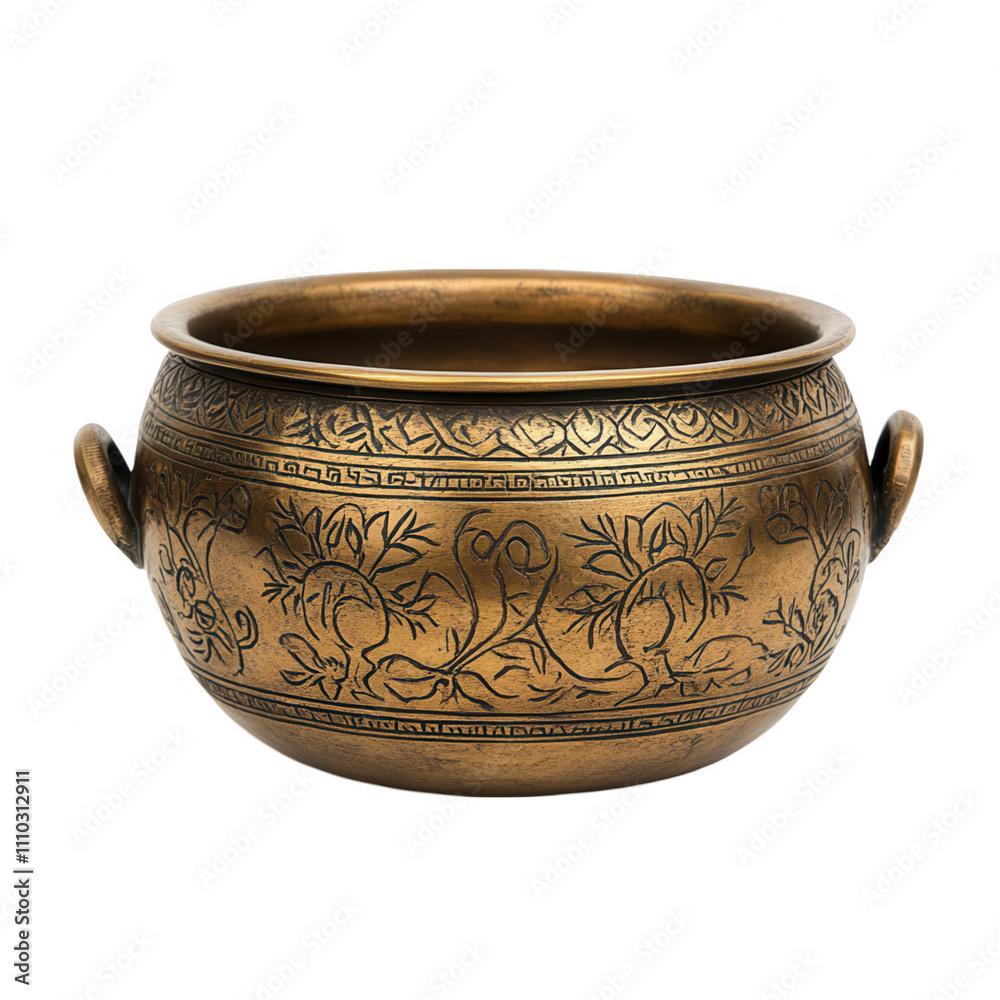 A large, ornate, gold pot with a handle sits on a white background Transparent Background A large, ornate, gold pot with a handle sits on a white background Transparent Background