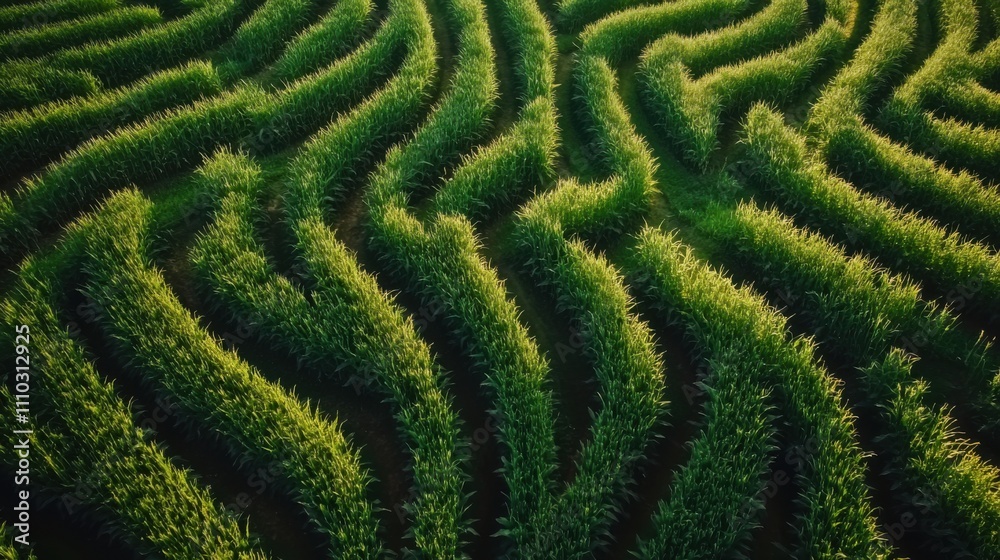 Lush green maze of crops growing in wavy patterns under bright sunlight near farmland Lush green maze of crops growing in wavy patterns under bright sunlight near farmland