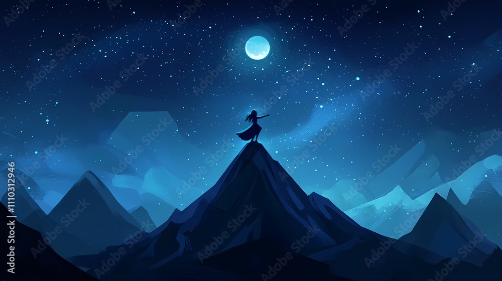 A Solitary Figure on a Mountain Peak Under a Starry Sky and Illuminated Moon in a Vast Night Landscape of Adventure and Exploration