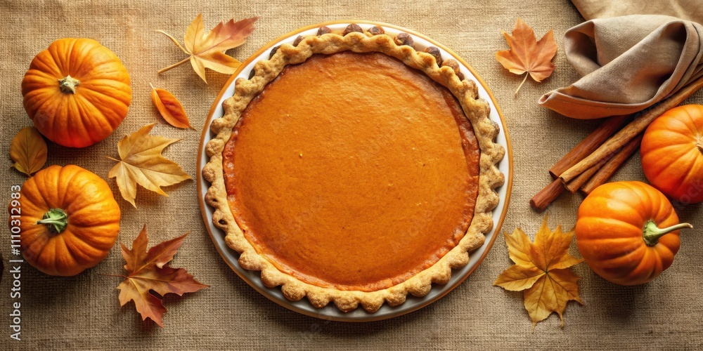 A Freshly Baked Pumpkin Pie Adorned with Autumnal Accents of Fall Leaves and Cinnamon Sticks A Freshly Baked Pumpkin Pie Adorned with Autumnal Accents of Fall Leaves and Cinnamon Sticks