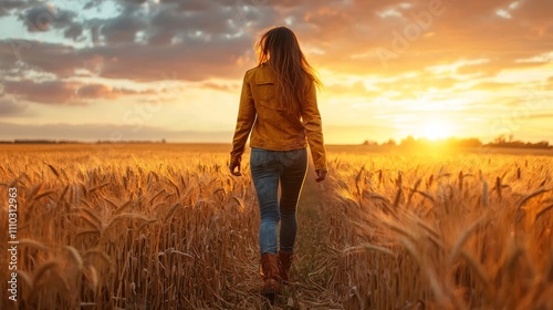 A model posing in a mustard-colored fall jacket and boots, walking through a golden wheat field at sunset.