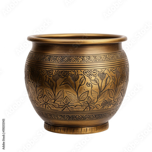 A large, ornate, gold pot with a floral design sits on a white background Transparent Background