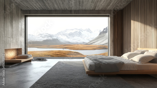 This 3D rendering of a master bedroom showcases a perfect balance of modern luxury and natural simplicity. The room features gray wooden walls  adding texture and warmth 