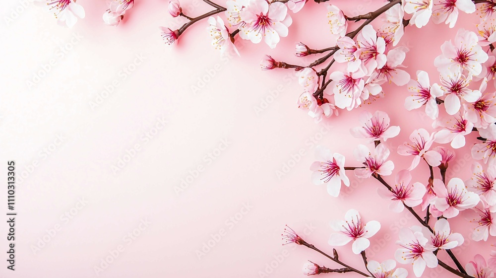 Delicate Cherry Blossom Branches on Soft Pink Background Delicate Cherry Blossom Branches on Soft Pink Background