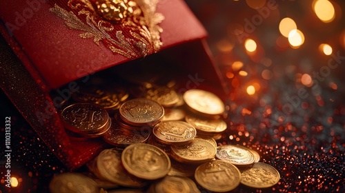 Shiny gold coins spilling from a decorative red pouch photo