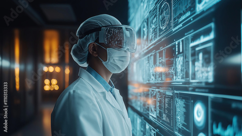 Doctor in a lab coat uses virtual reality to analyze data in a high-tech medical research facility at night. Generative AI