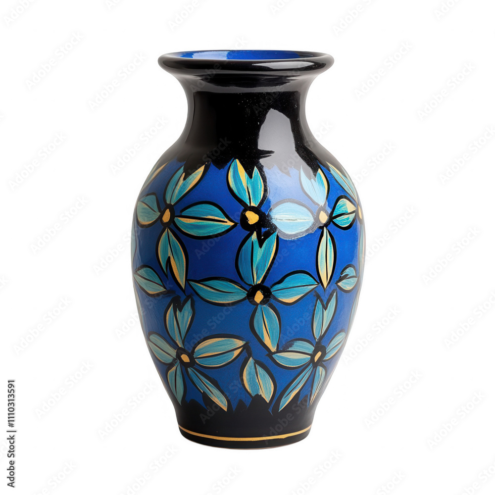 A blue and black vase with flowers painted on it Transparent Background A blue and black vase with flowers painted on it Transparent Background