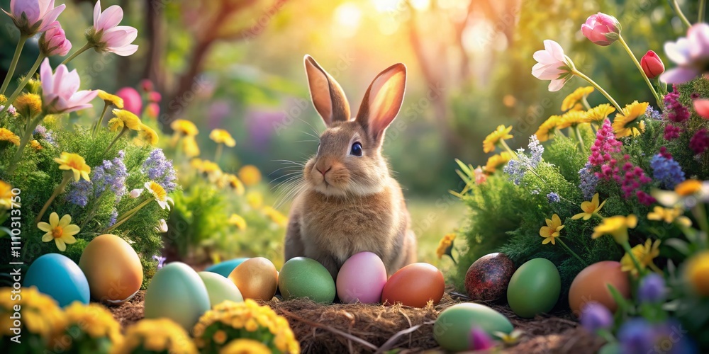 Enchanting Easter Bunny in a Lush Garden Surrounded by Colorful Flowers and Easter Eggs, Capturing the Spirit of Springtime Joy and Celebration in a Vibrant Scene Enchanting Easter Bunny in a Lush Garden Surrounded by Colorful Flowers and Easter Eggs, Capturing the Spirit of Springtime Joy and Celebration in a Vibrant Scene