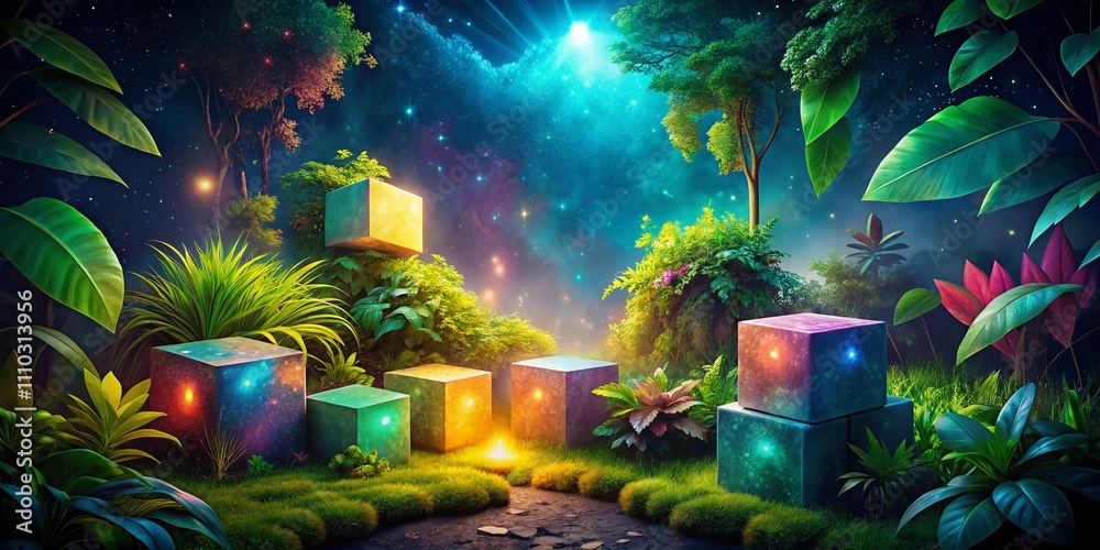 Fototapeta premium Enchanting Fantasy Scene of Glowing Cubes Amidst Lush Green Plants Under a Starry Night Sky with Ample Copy Space for Creative Use