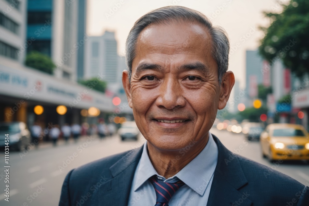 Close portrait of a smiling senior Thai businessman looking at the camera, Thai big city outdoors blurred background Close portrait of a smiling senior Thai businessman looking at the camera, Thai big city outdoors blurred background