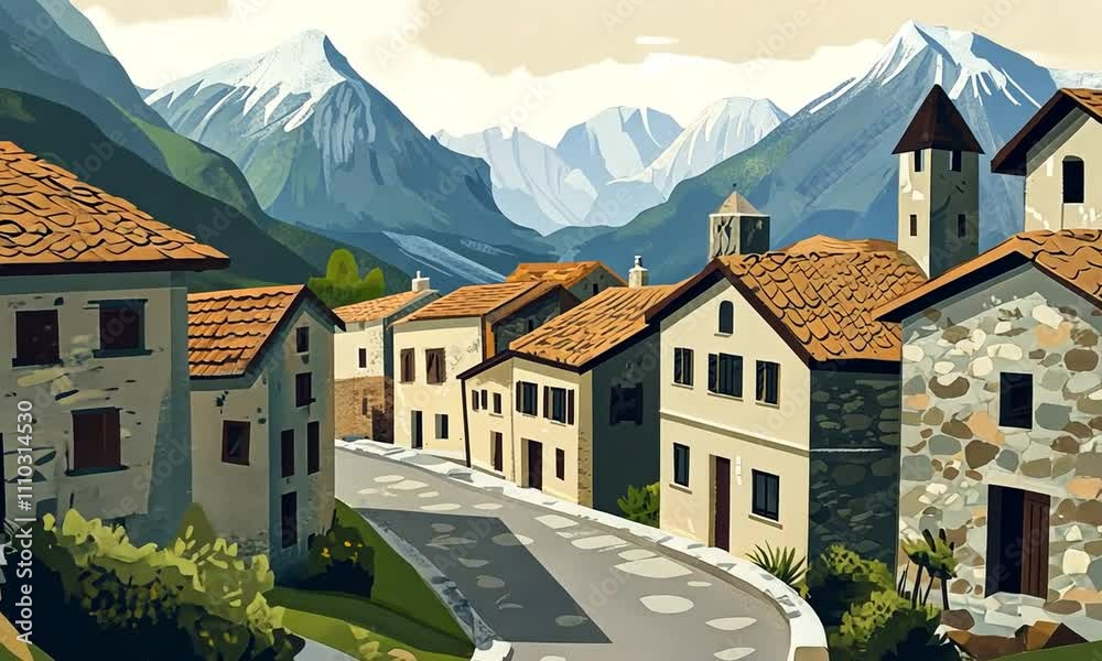 A serene village scene with mountains, showcasing charming houses and winding roads. A serene village scene with mountains, showcasing charming houses and winding roads.