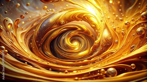 A swirling vortex of golden liquid, with shimmering droplets and light reflecting off its surface. photo