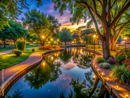 Enchanting Low Light Photography of Barnum Park at Dusk with Glowing Pathways, Lush Trees, and a Serene Atmosphere Ideal for Nature Lovers and Outdoor Enthusiasts photo