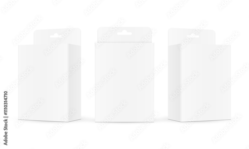 Three Hanging Packaging Boxes, Front And Side View, Isolated On White Background. Vector Illustration Three Hanging Packaging Boxes, Front And Side View, Isolated On White Background. Vector Illustration