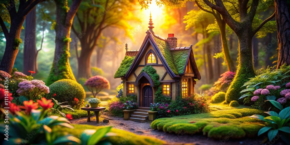 Fototapeta premium Enchanting Miniature House Surrounded by Lush Forest Creating a Fairy Tale Essence in Architectural Photography