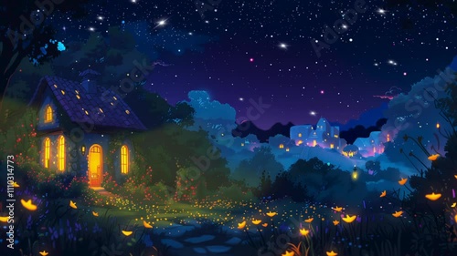 Cartoon Animation of a Small House on a Mountain Top Under Starry Night Sky, Flat Style Background for Videos photo