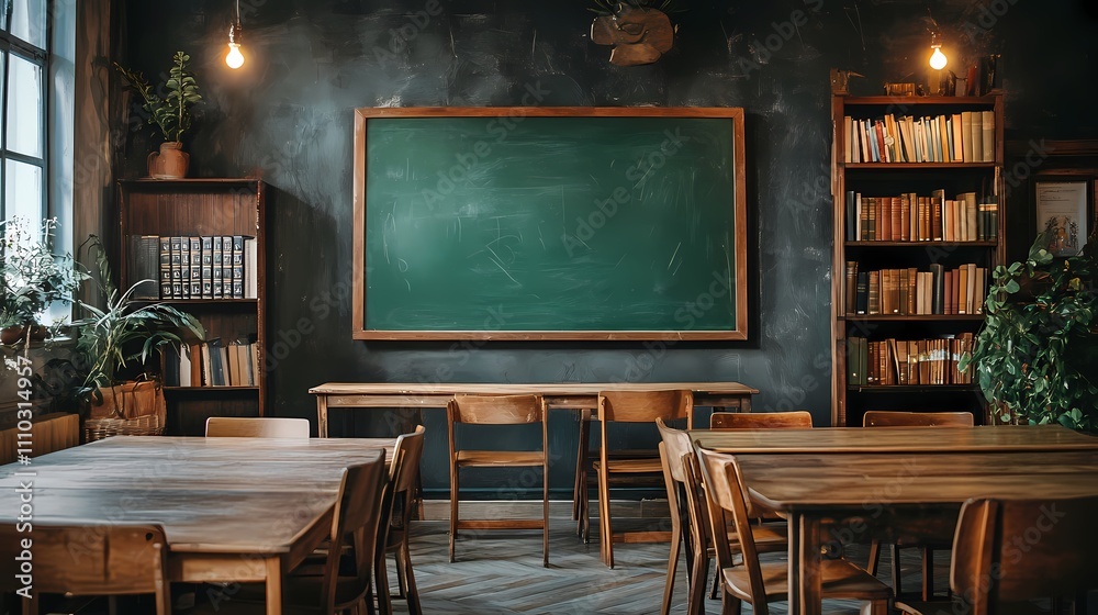 Cozy and Inviting Classroom Setting with Wooden Desks, Green Chalkboard, and Shelves Full of Books in a Warmly Lit Learning Environment Cozy and Inviting Classroom Setting with Wooden Desks, Green Chalkboard, and Shelves Full of Books in a Warmly Lit Learning Environment