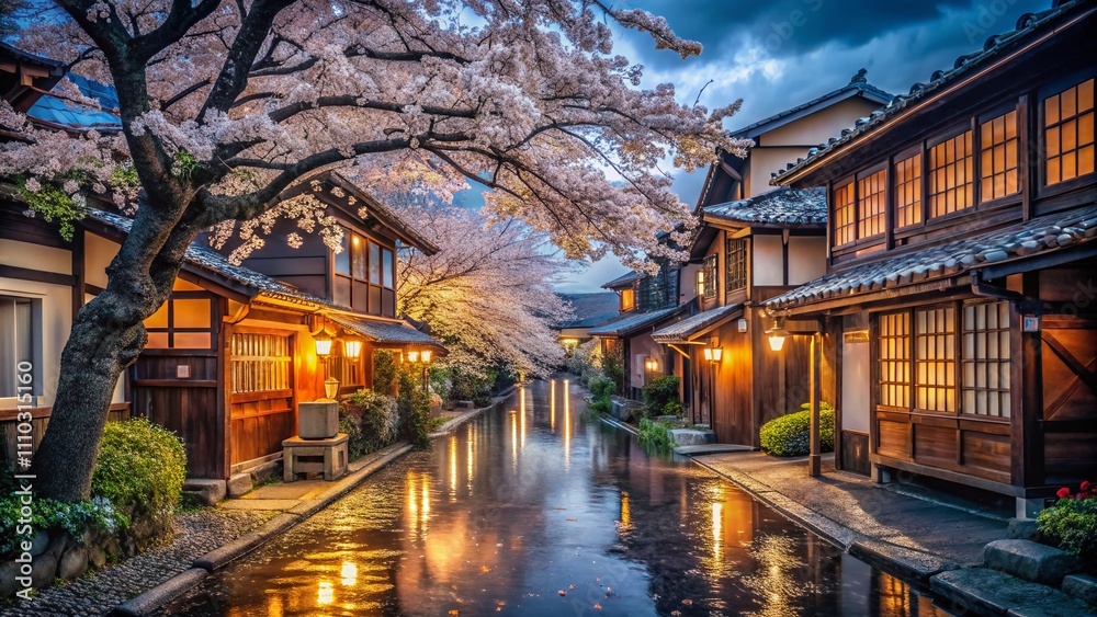 Enchanting Night Photography of Japanese Suburbs: Capturing Illuminated Streets, Traditional Homes, and Tranquil Atmosphere Under a Starlit Sky Enchanting Night Photography of Japanese Suburbs: Capturing Illuminated Streets, Traditional Homes, and Tranquil Atmosphere Under a Starlit Sky
