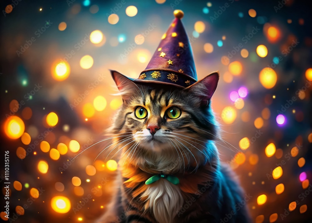 Enchanting Night Portrait of a Cat in a Wizard Hat Surrounded by Colorful Lights, Captured with Tilt-Shift Photography for a Magical Atmosphere Enchanting Night Portrait of a Cat in a Wizard Hat Surrounded by Colorful Lights, Captured with Tilt-Shift Photography for a Magical Atmosphere
