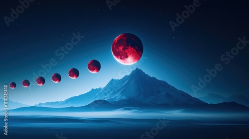 A composite image of a lunar eclipse, with the various stages of the eclipse arranged circularly around a central image of the fully eclipsed blood moon. photo