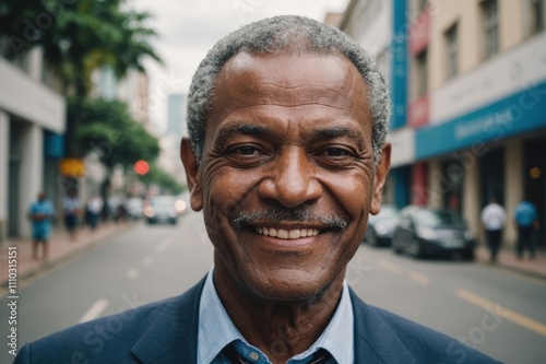 Close portrait of a smiling senior Trinidadian businessman looking at the camera, Trinidadian big city outdoors blurred background