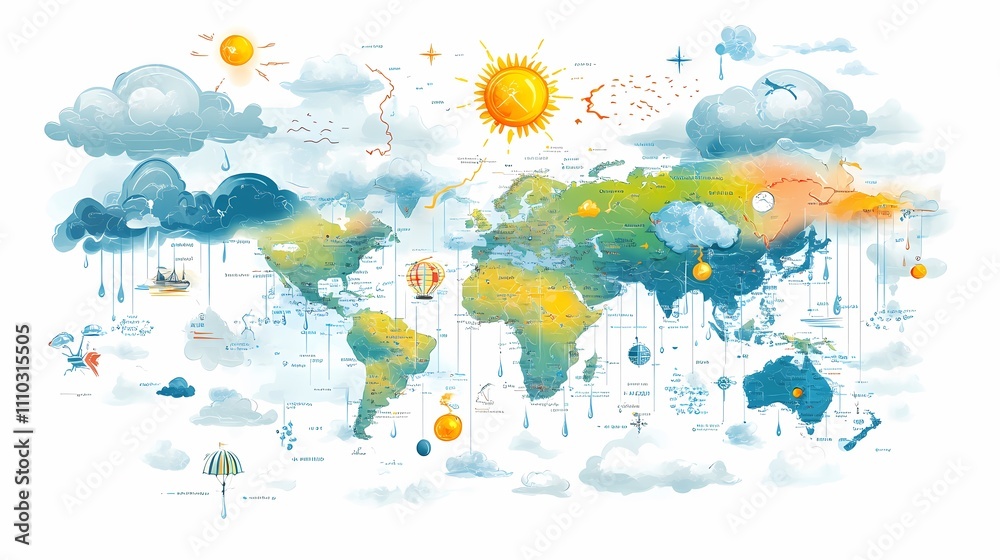Naklejka premium Colorful Illustrated World Map with Weather Symbols and Elements Depicting Sun, Clouds, Rain, and Hot Air Balloons for Educational Purposes