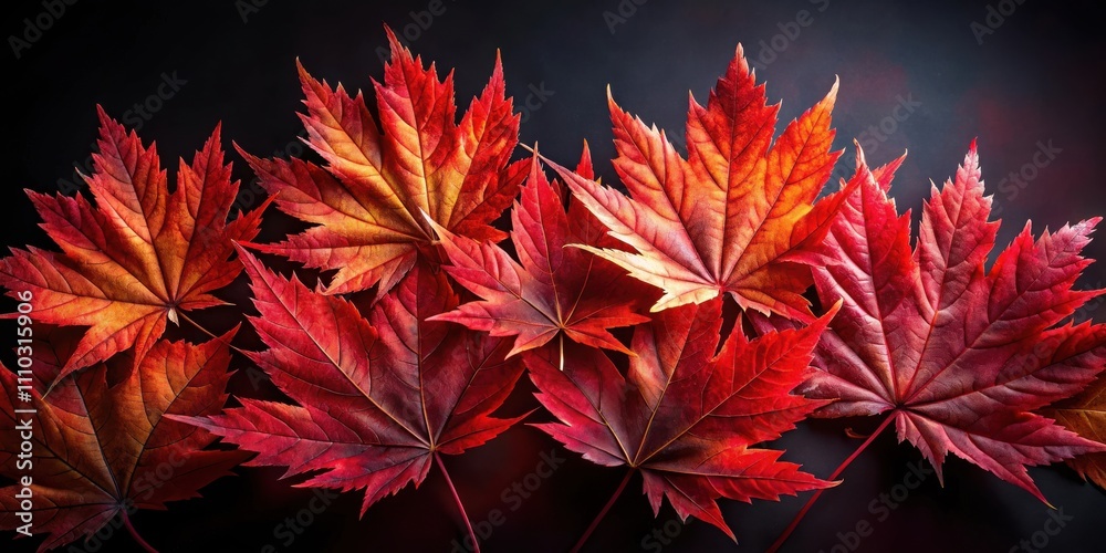 A Collection of Crimson and Orange Maple Leaves with Intricate Veining Against a Dark Background
