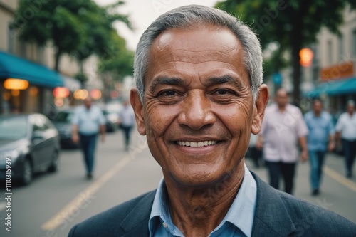 Close portrait of a smiling senior Tuvaluan businessman looking at the camera, Tuvaluan big city outdoors blurred background