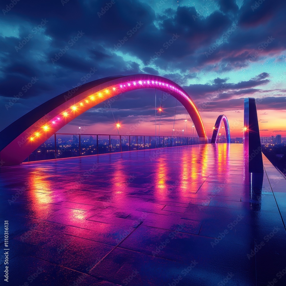 Obraz premium A vibrant arch bridge illuminated at dusk, reflecting colors on wet pavement.