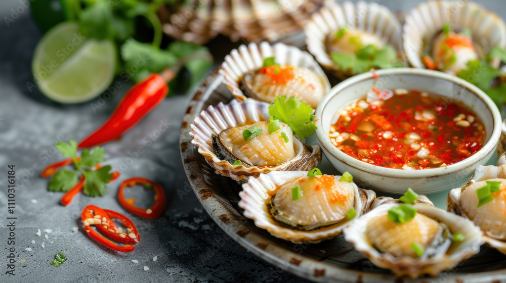 Steamed cockles served on a plate with delicious dipping sauce and vegetables. Steamed cockles served on a plate with delicious dipping sauce and vegetables.