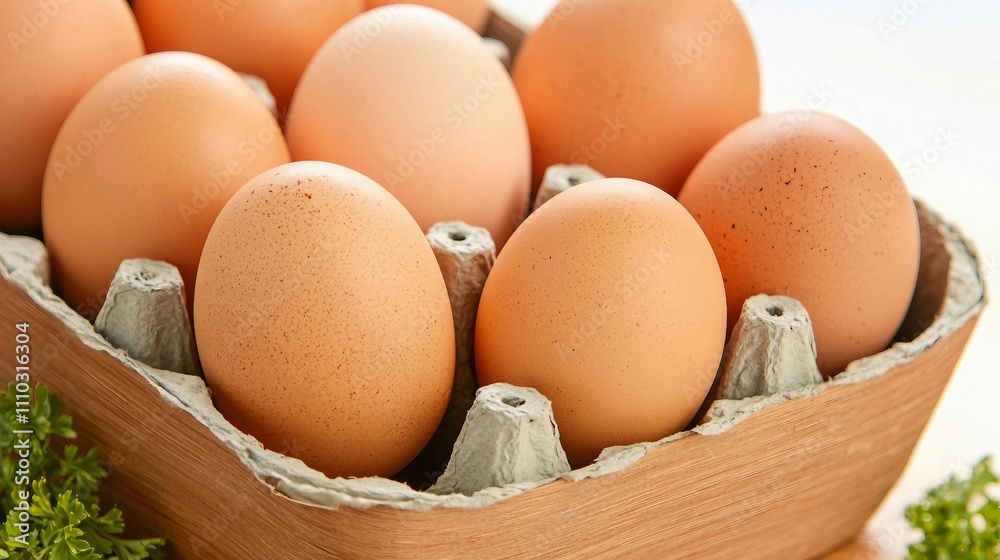 Fresh Brown Eggs in a Cardboard Egg Carton on a Light Background Fresh Brown Eggs in a Cardboard Egg Carton on a Light Background