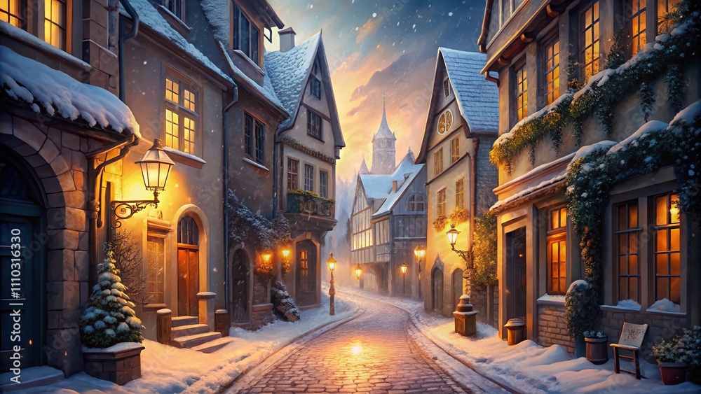 Enchanting Winter Scene of a Narrow Street in an Old European City, Capturing the Romance of Snowy Backgrounds in a Dreamy Digital Illustration Style Enchanting Winter Scene of a Narrow Street in an Old European City, Capturing the Romance of Snowy Backgrounds in a Dreamy Digital Illustration Style