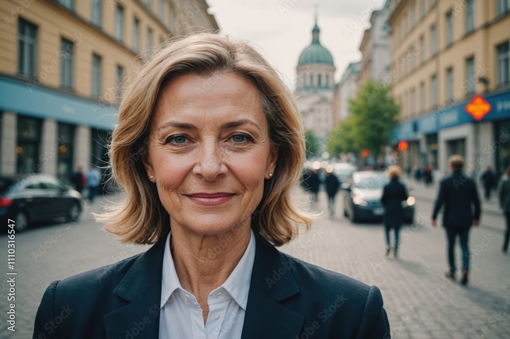 Close portrait of a smiling senior Ukrainian businesswoman looking at the camera, Ukrainian big city outdoors blurred background Close portrait of a smiling senior Ukrainian businesswoman looking at the camera, Ukrainian big city outdoors blurred background