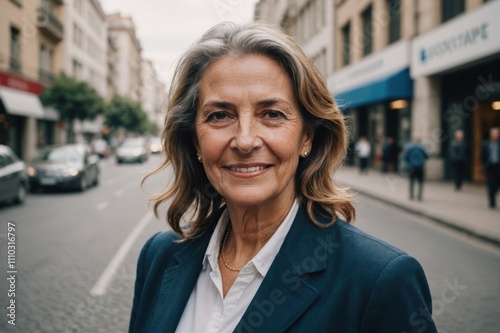 Close portrait of a smiling senior Uruguayan businesswoman looking at the camera, Uruguayan big city outdoors blurred background