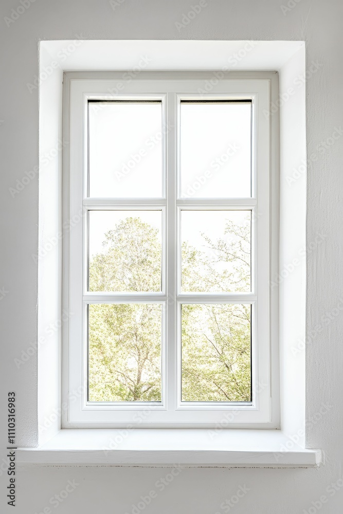 White window frame, four panes, tree-filled view. White window frame, four panes, tree-filled view.