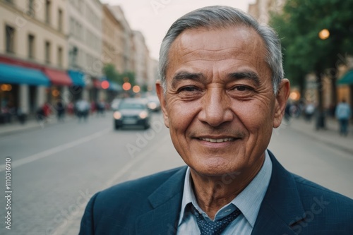 Close portrait of a smiling senior Uzbek businessman looking at the camera, Uzbek big city outdoors blurred background