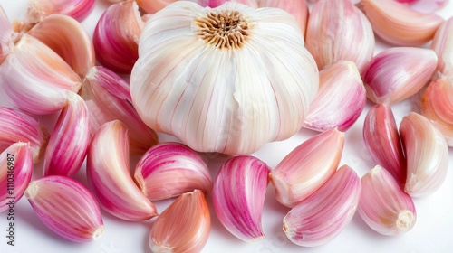 Fresh Garlic Bulb Surrounded by Cloves on White Background