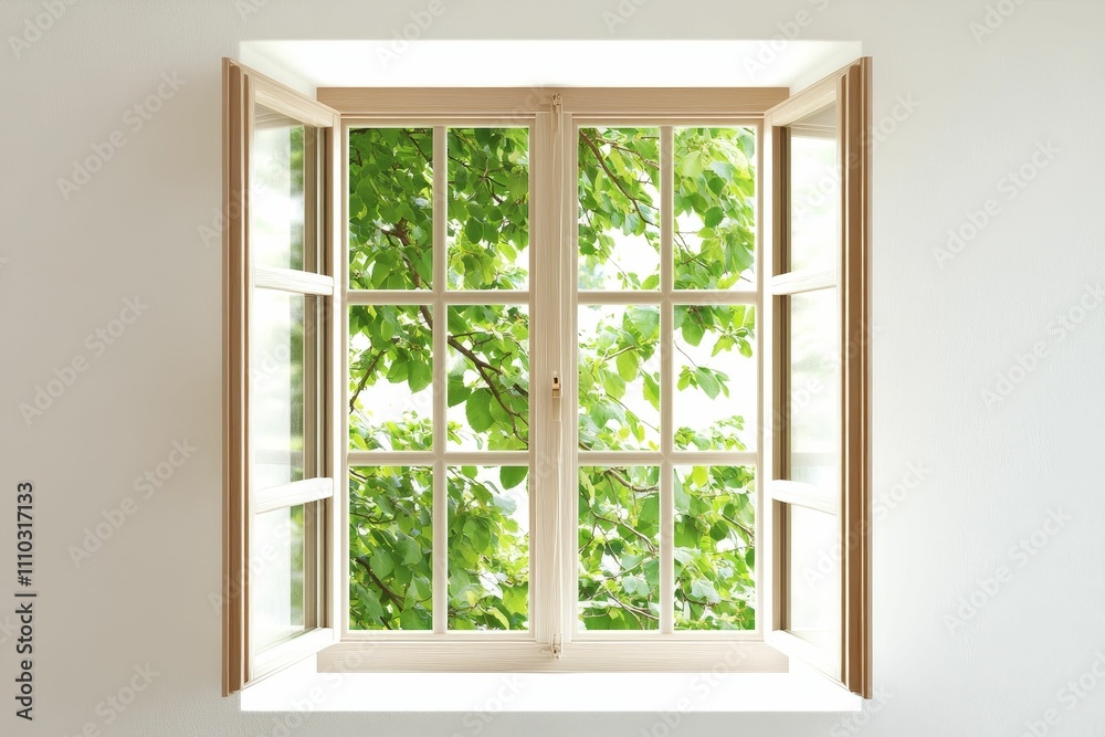 Open window, light wood frame, green leaves outside. Open window, light wood frame, green leaves outside.