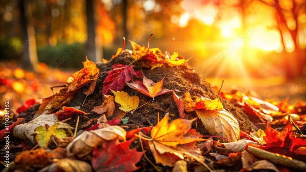 A pile of vibrant autumn leaves illuminated by the warm glow of the setting sun, casting a golden hue over the woodland scene.