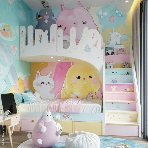 Pastel Cartoon Animal Themed Girl s Bedroom Interior Design photo