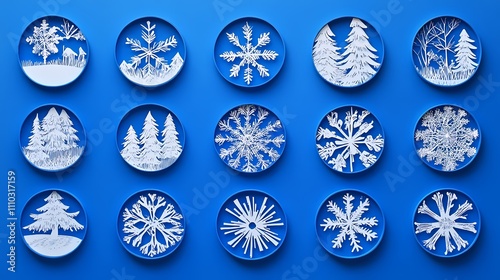 Intricately Crafted White Paper Snowflakes on Blue Background Showcasing Winter Themed Designs of Trees and Unique Snowflake Patterns