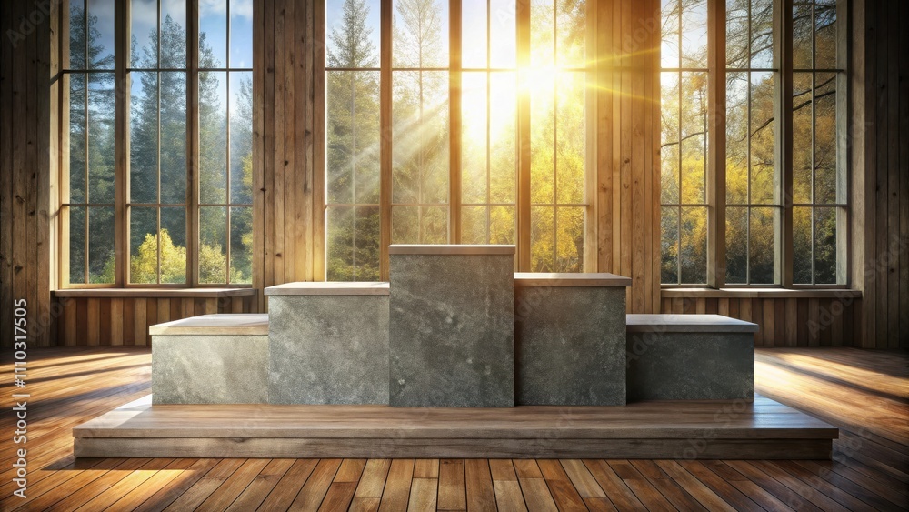 Stone podium with wooden platform and sunbeams streaming through large windows in a rustic cabin setting Stone podium with wooden platform and sunbeams streaming through large windows in a rustic cabin setting
