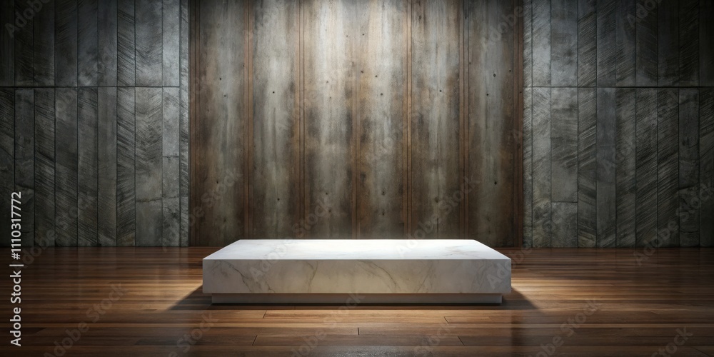 A white marble platform on a wooden floor with a rustic wooden wall and a concrete wall behind it. A white marble platform on a wooden floor with a rustic wooden wall and a concrete wall behind it.