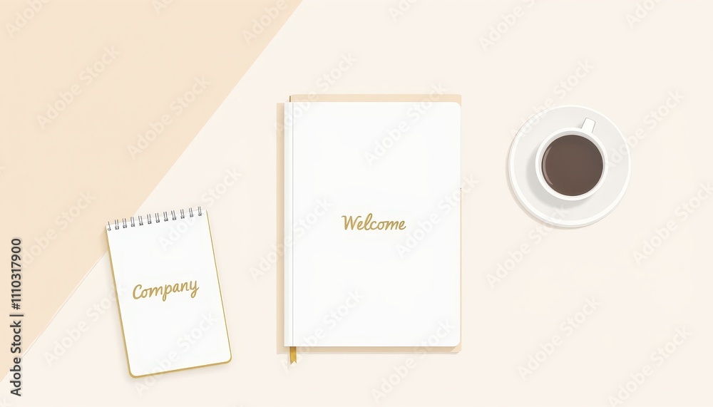 An employee onboarding desk with a notebook, a An employee onboarding desk with a notebook, a